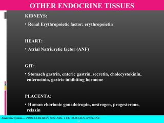 Endocrine System…. POOJA SAHARAN, M.Sc NSG. I YR. M.M C.O.N, MULLANA
19
OTHER ENDOCRINE TISSUES
KIDNEYS:
• Renal Erythropoietic factor: erythropoietin
HEART:
• Atrial Natriuretic factor (ANF)
GIT:
• Stomach gastrin, enteric gastrin, secretin, cholecystokinin,
enterocinin, gastric inhibiting hormone
PLACENTA:
• Human chorionic gonadotropin, oestrogen, progesterone,
relaxin
 