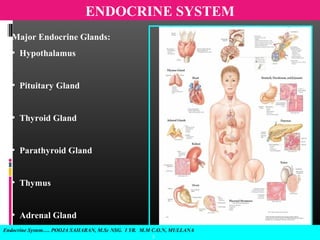Endocrine System…. POOJA SAHARAN, M.Sc NSG. I YR. M.M C.O.N, MULLANA
2
ENDOCRINE SYSTEM
Major Endocrine Glands:
• Hypothalamus
• Pituitary Gland
• Thyroid Gland
• Parathyroid Gland
• Thymus
• Adrenal Gland
 