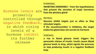 Hormone levels are
primarily
controlled through
negative feedback,
in which rising
levels of a
hormone inhibit
its further
release
HORMONAL
INHIBITING HORMONES – from the hypothalamus
that prevent the secretion of tropic hormones
from the pituitary gland
NEURAL
Neurons inhibit targets just as often as they
stimulate targets.
If the neurotransmitter is inhibitory, the target
endocrine gland does not secrete its hormone
HUMORAL
a rise in blood glucose levels triggers the
pancreatic release of insulin. Insulin causes blood
glucose levels to drop, which signals the pancreas
to stop producing insulin in a negative feedback
loop.
 