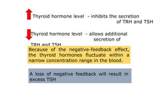Thyroid hormone level - inhibits the secretion
of TRH and TSH
Thyroid hormone level - allows additional
secretion of
TRH and TSH
Because of the negative-feedback effect,
the thyroid hormones fluctuate within a
narrow concentration range in the blood.
A loss of negative feedback will result in
excess TSH
 
