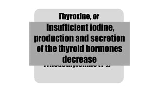 Thyroxine, or
tetraiodothyronine
(T ₄)
Triiodothyronine (T ₃)
Insufficient iodine,
production and secretion
of the thyroid hormones
decrease
 
