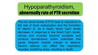Hypoparathyroidism,
abnormally rate of PTH secretion
The low blood levels of PTH lead to reductions in
the rate of bone reabsorption and the formation
of vitamin D. As a result, blood Ca2+ levels
decrease. In response to low blood Ca2+ levels,
nerves and muscles become excitable and
produce spontaneous action potentials that
cause frequent muscle cramps or tetanus.
Severe tetanus can affect the respiratory
muscles; breathing stops, resulting in death.
 