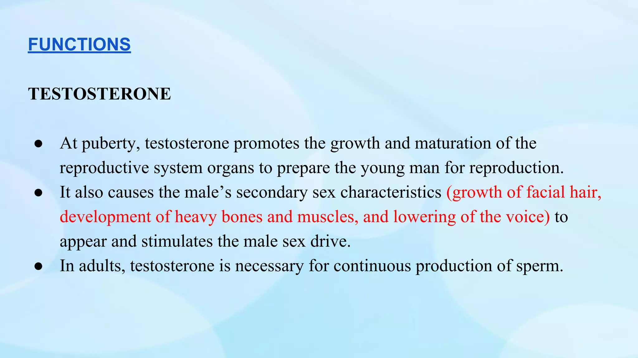 FUNCTIONS
TESTOSTERONE
● At puberty, testosterone promotes the growth and maturation of the
reproductive system organs to prepare the young man for reproduction.
● It also causes the male’s secondary sex characteristics (growth of facial hair,
development of heavy bones and muscles, and lowering of the voice) to
appear and stimulates the male sex drive.
● In adults, testosterone is necessary for continuous production of sperm.
 