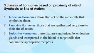 3 classes of hormones based on proximity of site of
Synthesis to Site of Action:
1. Autocrine Hormones: those that act on the same cells that
synthesize them.
2. Paracrine Hormones: those that are synthesized very close to
their site of action.
3. Endocrine Hormones: those that are synthesized by endocrine
glands and transported in the blood to target cells that
contain the appropriate receptors.
 