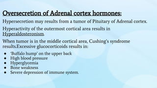 Oversecretion of Adrenal cortex hormones:
Hypersecretion may results from a tumor of Pituitary of Adrenal cortex.
Hyperactivity of the outermost cortical area results in
Hyperaldosteronism.
When tumor is in the middle cortical area, Cushing’s syndrome
results.Excessive glucocorticoids results in:
● ‘Buffalo hump’ on the upper back
● High blood pressure
● Hyperglycemia
● Bone weakness
● Severe depression of immune system.
 