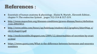 ● Essentials of human anatomy & physiology , Elaine N. Marieb , Eleventh Edition ,
chapter 9 :The endocrine System , pages 312-314 & 317-319.
● http://www.mayoclinic.org/diseases-conditions/graves-disease/basics/definition
/con-20025811
● http://www.mhhe.com/biosci/ap/holehaap/student/olc2/graphics/shier04ap_s/
ch13/chapt13.pdf
● http://medicinembbs.blogspot.com/2009/12/abnormalities-of-secretion-by-ovari
es.html
● https://www.quora.com/What-is-the-difference-between-hormones-and-neurotra
nsmitters
References :
 
