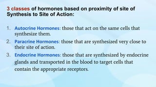 3 classes of hormones based on proximity of site of
Synthesis to Site of Action:
1. Autocrine Hormones: those that act on the same cells that
synthesize them.
2. Paracrine Hormones: those that are synthesized very close to
their site of action.
3. Endocrine Hormones: those that are synthesized by endocrine
glands and transported in the blood to target cells that
contain the appropriate receptors.
 