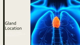 Gland
Location
THETHYMUS IS LOCATED
BEHINDTHE BREASTBONEAND
BETWEENTHE LUNGS.
 
