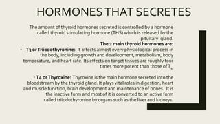 HORMONESTHAT SECRETES
The amount of thyroid hormones secreted is controlled by a hormone
called thyroid stimulating hormone (THS) which is released by the
pituitary gland.
The 2 main thyroid hormones are:
• T3 orTriiodothyronine: It affects almost every physiological process in
the body, including growth and development, metabolism, body
temperature, and heart rate. Its effects on target tissues are roughly four
times more potent than those ofT4.
• T4 orThyroxine: Thyroxine is the main hormone secreted into the
bloodstream by the thyroid gland. It plays vital roles in digestion, heart
and muscle function, brain development and maintenance of bones. It is
the inactive form and most of it is converted to an active form
called triiodothyronine by organs such as the liver and kidneys.
 