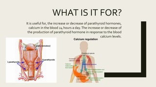 WHAT IS IT FOR?
It is useful for, the increase or decrease of parathyroid hormones,
calcium in the blood 24 hours a day.The increase or decrease of
the production of parathyroid hormone in response to the blood
calcium levels.
 