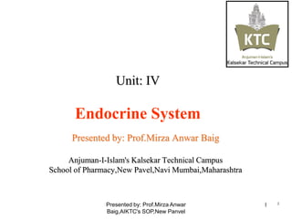 Unit: IV
Endocrine System
Presented by: Prof.Mirza Anwar Baig
Anjuman-I-Islam's Kalsekar Technical Campus
School of Pharmacy,New Pavel,Navi Mumbai,Maharashtra
1Presented by: Prof.Mirza Anwar
Baig,AIKTC's SOP,New Panvel
1
 