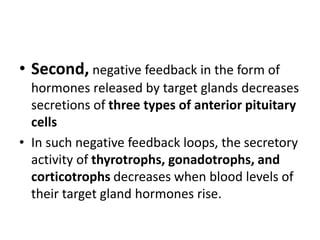 • Second, negative feedback in the form of
hormones released by target glands decreases
secretions of three types of anterior pituitary
cells
• In such negative feedback loops, the secretory
activity of thyrotrophs, gonadotrophs, and
corticotrophs decreases when blood levels of
their target gland hormones rise.
 
