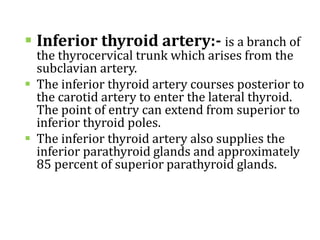  Inferior thyroid artery:- is a branch of
the thyrocervical trunk which arises from the
subclavian artery.
 The inferior thyroid artery courses posterior to
the carotid artery to enter the lateral thyroid.
The point of entry can extend from superior to
inferior thyroid poles.
 The inferior thyroid artery also supplies the
inferior parathyroid glands and approximately
85 percent of superior parathyroid glands.
 