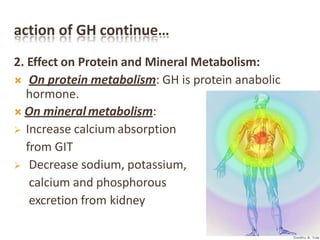 action of GH continue…
2. Effect on Protein and Mineral Metabolism:
 On protein metabolism: GH is protein anabolic
hormone.
 On mineralmetabolism:
 Increase calcium absorption
from GIT
 Decrease sodium, potassium,
calcium and phosphorous
excretion from kidney
 