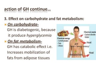 action of GH continue…
3. Effect on carbohydrate and fat metabolism:
 On carbohydrate-
GH is diabetogenic, because
it produce hyperglycemia
 On fat metabolism-
GH has catabolic effect i.e.
Increases mobilization of
fats from adipose tissues
 