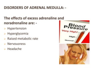 DISORDERS OF ADRENAL MEDULLA: -
The effects of excess adrenaline and
noradrenaline are: -
 Hypertension
 Hyperglycemia
 Raised metabolic rate
 Nervousness
 Headache
 