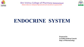 Shri Vishnu College of Pharmacy (Autonomous)
Affiliated to Andhra Univ., Visakhapatnam; Approved by AICTE and PCI, New Delhi, and recognised by APSCHE
ENDOCRINE SYSTEM
Prepared by
Grandhi Sandeep Ganesh
Dept. of Pharmacology
 