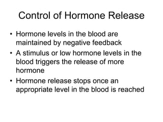 Control of Hormone Release
• Hormone levels in the blood are
maintained by negative feedback
• A stimulus or low hormone levels in the
blood triggers the release of more
hormone
• Hormone release stops once an
appropriate level in the blood is reached
 