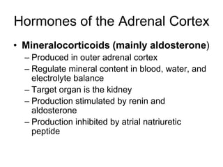 Hormones of the Adrenal Cortex
• Mineralocorticoids (mainly aldosterone)
– Produced in outer adrenal cortex
– Regulate mineral content in blood, water, and
electrolyte balance
– Target organ is the kidney
– Production stimulated by renin and
aldosterone
– Production inhibited by atrial natriuretic
peptide
 