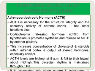 HORMONES SECRETED BY
ANTERIOR PITUITARY
Adrenocorticotropic Hormone (ACTH)
 ACTH is necessary for the structural integrity and the
secretory activity of adrenal cortex. It has other
functions also.
 Corticotrophin releasing hormone (CRH) from
hypothalamus promotes synthesis and release of ACTH
by anterior pituitary.
 This increases concentration of cholesterol & steroids
within adrenal cortex & output of steroid hormones,
especially cortisol.
 ACTH levels are highest at 8 a.m. & fall to their lowest
about midnight,This circadian rhythm is maintained
throughout life.
 