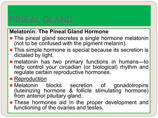 Melatonin: The Pineal Gland Hormone
 The pineal gland secretes a single hormone melatonin
(not to be confused with the pigment melanin).
 This simple hormone is special because its secretion is
dictated by light.
 melatonin has two primary functions in humans—to
help control your circadian (or biological) rhythm and
regulate certain reproductive hormones.
 Reproduction
 Melatonin blocks secretion of gonadotropins
(luteinizing hormone & follicle stimulating hormone)
from anterior pituitary gland.
 These hormones aid in the proper development and
functioning of the ovaries and testes.
PINEAL GLAND
 