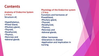 Contents
Anatomy of Endocrine System
( 4 hrs)
Structure of;
•Hypothalamus,
•Pineal Gland,
•Pituitary gland,
•Thyroid,
•Parathyroid,
•Thymus,
•Pancreas and
•Adrenal glands
Physiology of the Endocrine system
( 5 hrs)
Functions and hormones of
PinealGland,
•Pituitary gland,
•Thyroid,
•Parathyroid,
•Thymus,
•Pancreas and
•Adrenal glands.
•Other hormones
•Alterations in disease
•Application and implication in
nursing
 