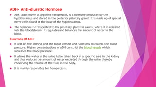 ADH- Anti-diuretic Hormone
 ADH, also known as arginine vasopressin, is a hormone produced by the
hypothalamus and stored in the posterior pituitary gland. It is made up of special
nerve cells found at the base of the hypothalamus.
 The hormone is transported to the pituitary gland via axons, where it is released
into the bloodstream. It regulates and balances the amount of water in the
blood.
Functions Of ADH
 It acts on the kidneys and the blood vessels and functions to control the blood
pressure. Higher concentrations of ADH constrict the blood vessels which
increases the blood pressure.
 It allows the water in the urine to be taken back in a specific area in the kidney
and thus reduces the amount of water excreted through the urine thereby
conserving the volume of the fluid in the body.
 It is mainly responsible for homeostasis.
 