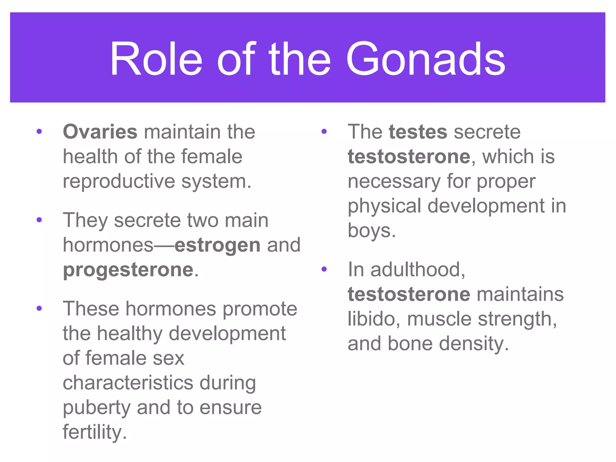 Role of the Gonads
• Ovaries maintain the
health of the female
reproductive system.
• They secrete two main
hormones—estrogen and
progesterone.
• These hormones promote
the healthy development
of female sex
characteristics during
puberty and to ensure
fertility.
• The testes secrete
testosterone, which is
necessary for proper
physical development in
boys.
• In adulthood,
testosterone maintains
libido, muscle strength,
and bone density.
 