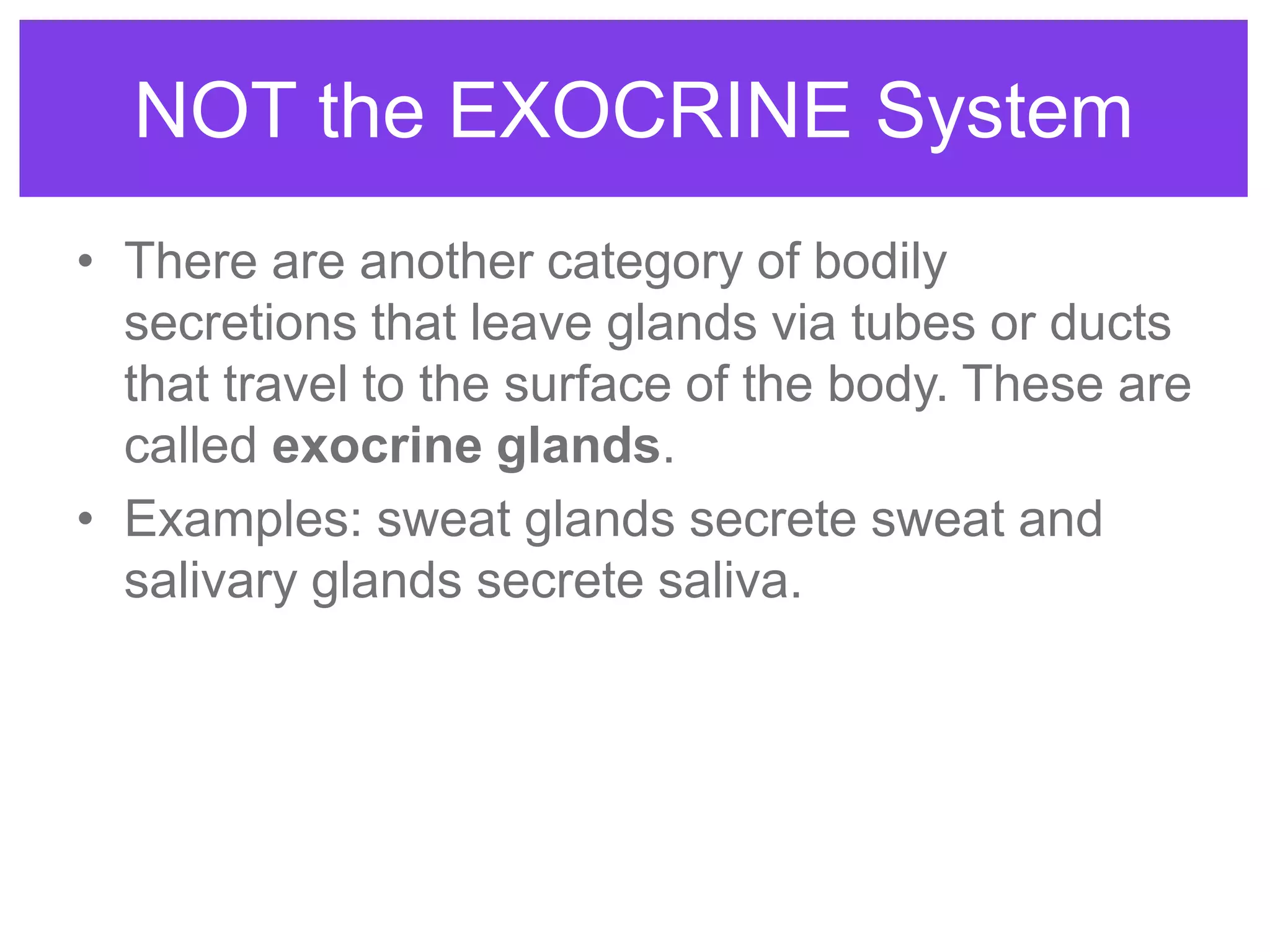 Not the EXOCRINE Glands
• There are another category of bodily
secretions that leave glands via tubes or ducts
that travel to the surface of the body. These are
called exocrine glands.
• Examples: sweat glands secrete sweat and
salivary glands secrete saliva.
NOT the EXOCRINE System
 