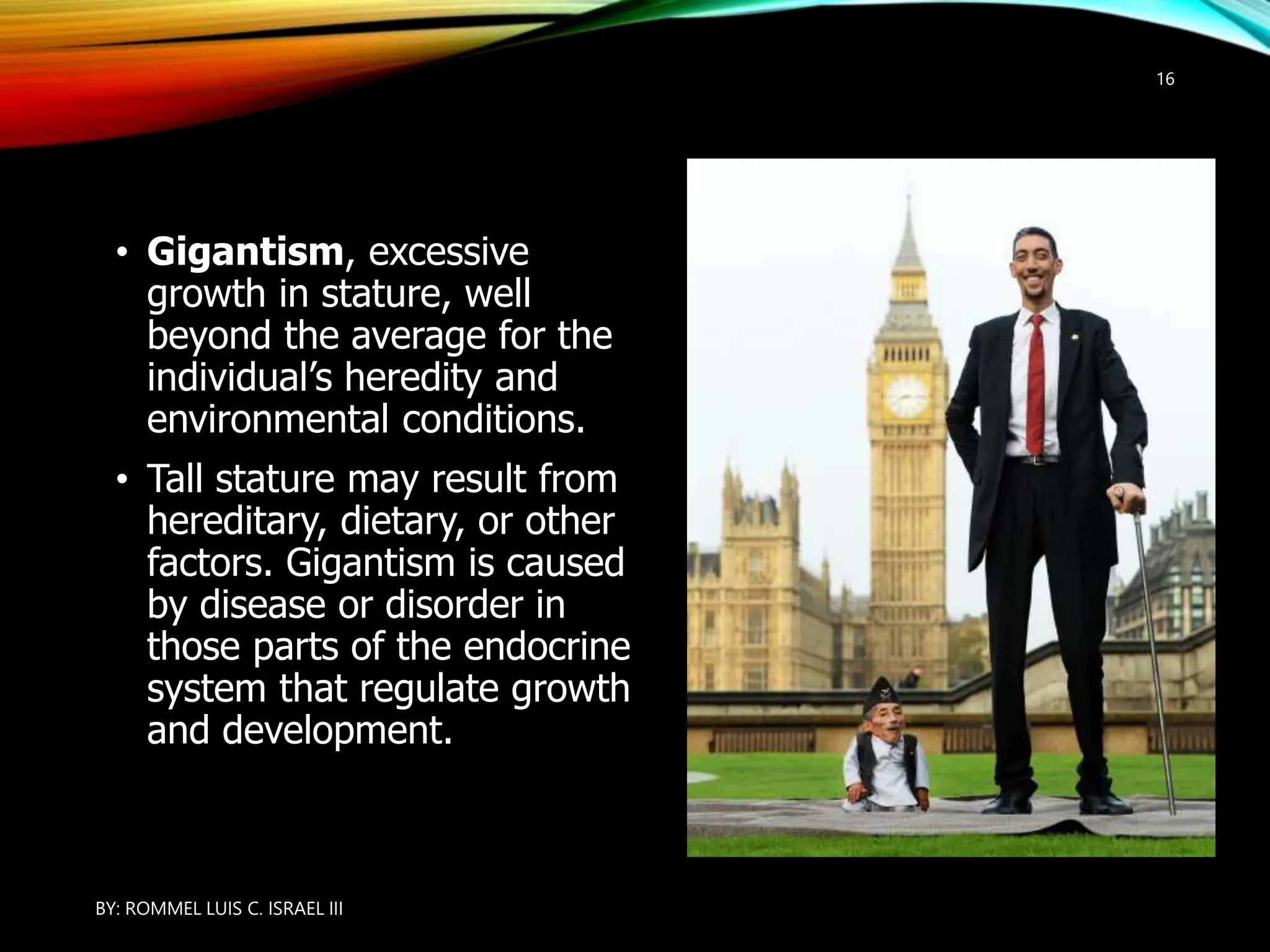 GIGANTISM
• Gigantism, excessive
growth in stature, well
beyond the average for the
individual’s heredity and
environmental conditions.
• Tall stature may result from
hereditary, dietary, or other
factors. Gigantism is caused
by disease or disorder in
those parts of the endocrine
system that regulate growth
and development.
BY: ROMMEL LUIS C. ISRAEL III
16
 
