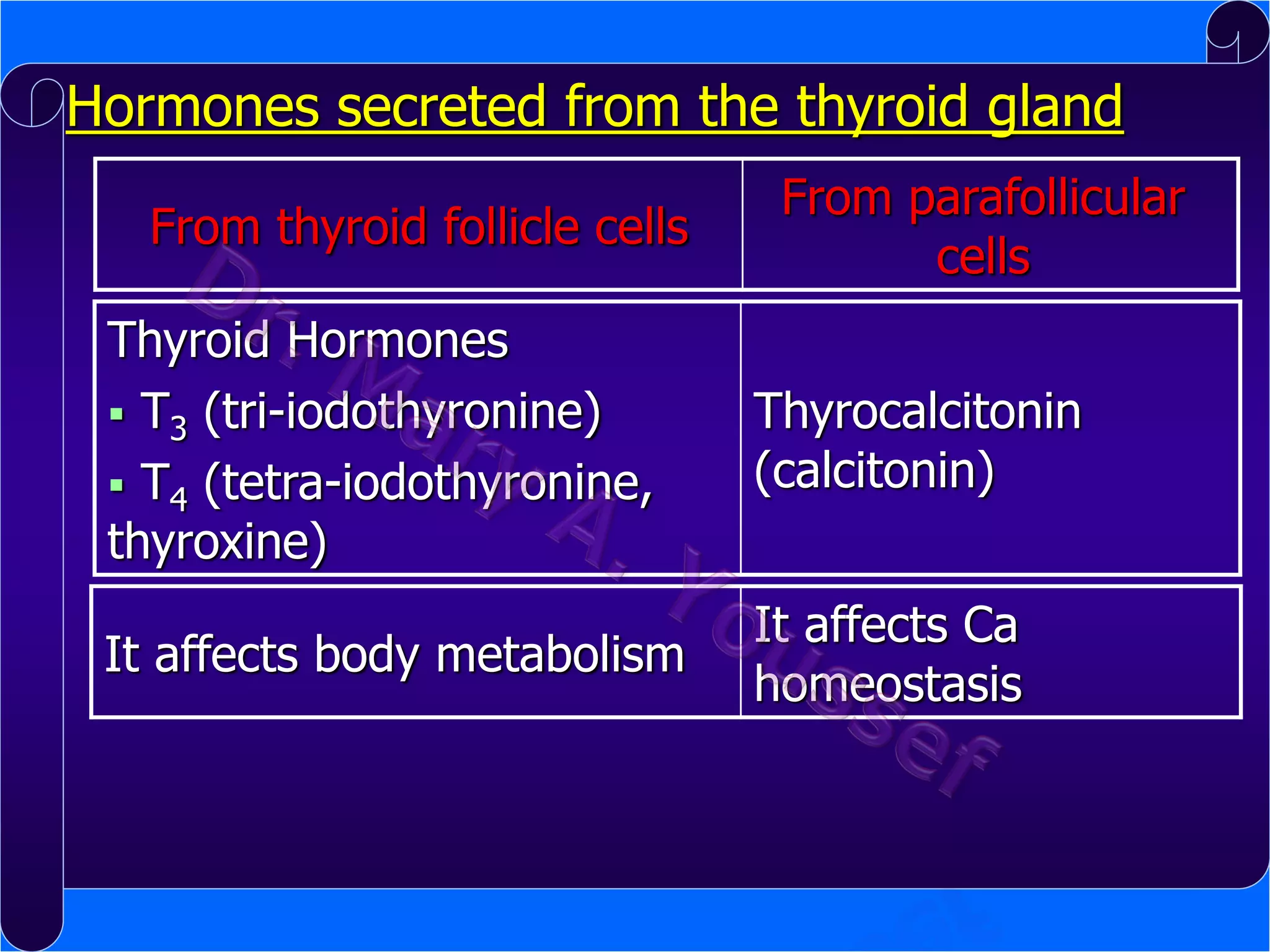 Hormones secreted from the thyroid gland
From thyroid follicle cells

From parafollicular
cells

Thyroid Hormones
 T3 (tri-iodothyronine)
 T4 (tetra-iodothyronine,
thyroxine)

Thyrocalcitonin
(calcitonin)

It affects body metabolism

It affects Ca
homeostasis

 