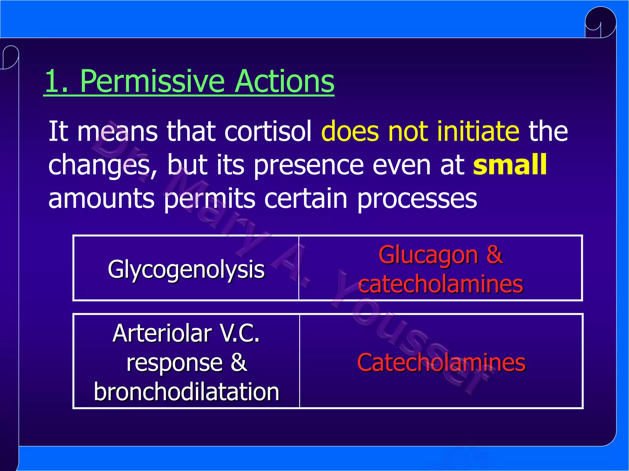 1. Permissive Actions
It means that cortisol does not initiate the
changes, but its presence even at small
amounts permits certain processes
Glycogenolysis

Glucagon &
catecholamines

Arteriolar V.C.
response &
bronchodilatation

Catecholamines

 