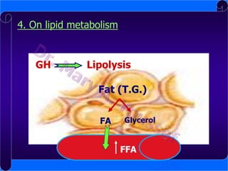 4. On lipid metabolism

GH

Lipolysis
Fat (T.G.)
FA

Glycerol

FFA

 