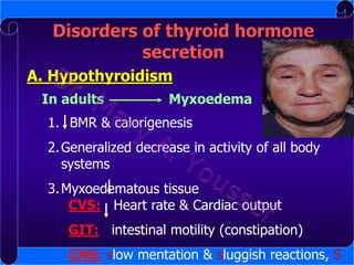 Disorders of thyroid hormone
secretion
A. Hypothyroidism
In adults

Myxoedema

1. BMR & calorigenesis
2. Generalized decrease in activity of all body
systems
3. Myxoedematous tissue
CVS: Heart rate & Cardiac output

GIT: intestinal motility (constipation)
CNS: slow mentation & sluggish reactions, S

 
