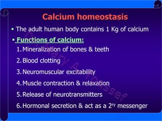 Calcium homeostasis
 The adult human body contains 1 Kg of calcium
 Functions of calcium:
1. Mineralization of bones & teeth

2. Blood clotting
3. Neuromuscular excitability

4. Muscle contraction & relaxation
5. Release of neurotransmitters

6. Hormonal secretion & act as a 2ry messenger

 
