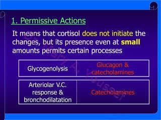 1. Permissive Actions
It means that cortisol does not initiate the
changes, but its presence even at small
amounts permits certain processes
Glycogenolysis

Glucagon &
catecholamines

Arteriolar V.C.
response &
bronchodilatation

Catecholamines

 