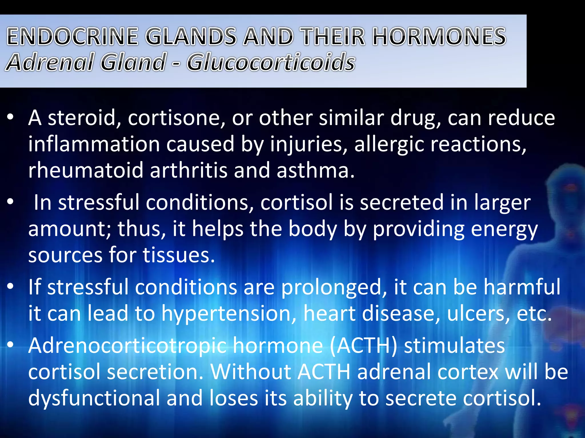 • A steroid, cortisone, or other similar drug, can reduce 
inflammation caused by injuries, allergic reactions, 
rheumatoid arthritis and asthma. 
• In stressful conditions, cortisol is secreted in larger 
amount; thus, it helps the body by providing energy 
sources for tissues. 
• If stressful conditions are prolonged, it can be harmful 
it can lead to hypertension, heart disease, ulcers, etc. 
• Adrenocorticotropic hormone (ACTH) stimulates 
cortisol secretion. Without ACTH adrenal cortex will be 
dysfunctional and loses its ability to secrete cortisol. 
 