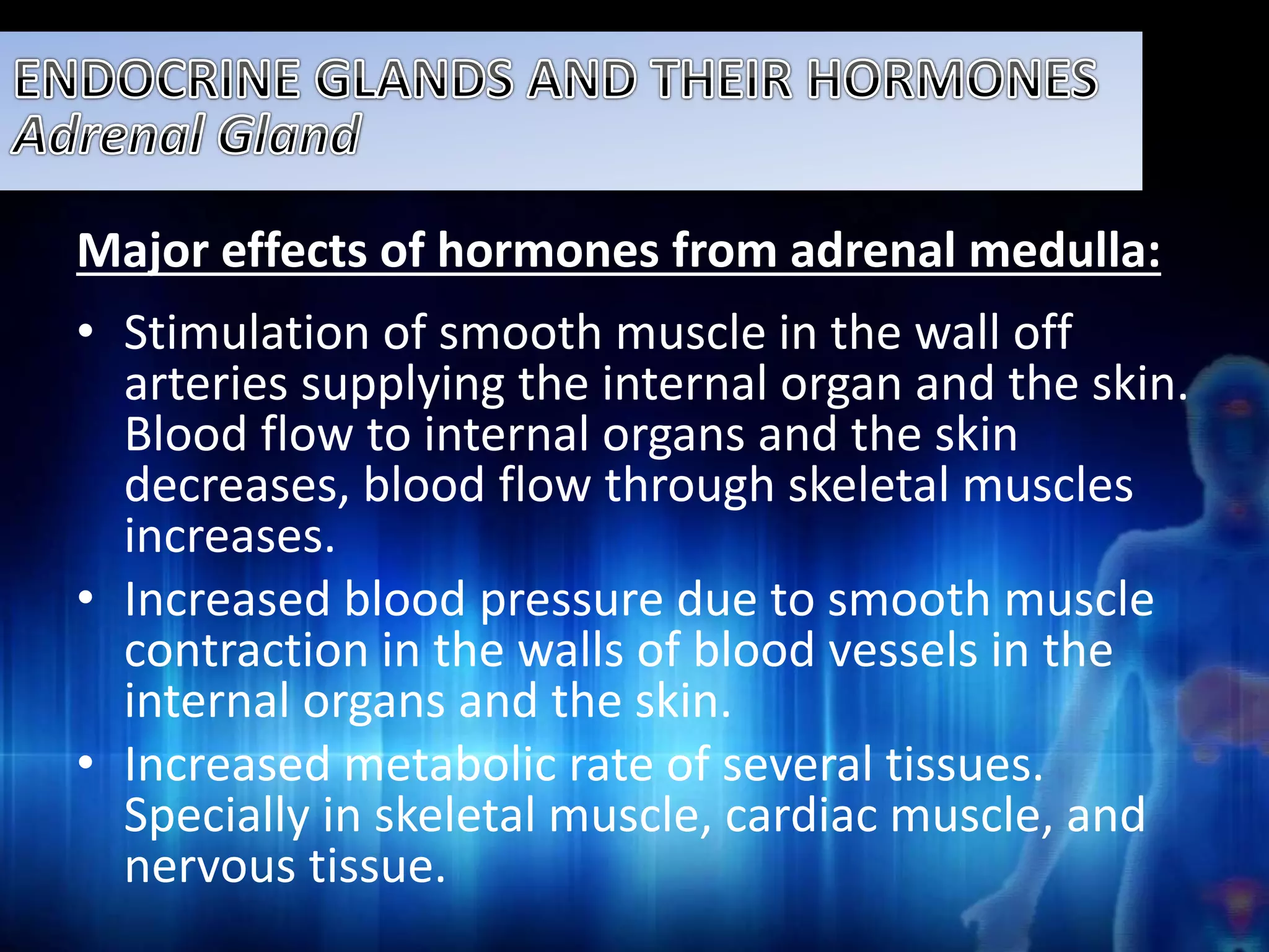 Major effects of hormones from adrenal medulla: 
• Stimulation of smooth muscle in the wall off 
arteries supplying the internal organ and the skin. 
Blood flow to internal organs and the skin 
decreases, blood flow through skeletal muscles 
increases. 
• Increased blood pressure due to smooth muscle 
contraction in the walls of blood vessels in the 
internal organs and the skin. 
• Increased metabolic rate of several tissues. 
Specially in skeletal muscle, cardiac muscle, and 
nervous tissue. 
 