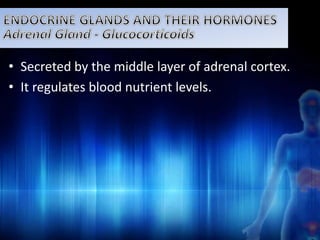 • Secreted by the middle layer of adrenal cortex. 
• It regulates blood nutrient levels. 
 