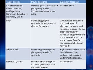 Target Tissues Insulin Response Glucagon Response 
Skeletal muscles, 
Increase glucose uptake and 
Has little effect 
cardiac muscles, 
glycogen synthesis; 
cartilage, bone 
increases uptake of amino 
fibroblasts, blood cells, 
acids. 
mammary glands 
Liver Increases glycogen 
synthesis; increases use of 
glucose for energy 
Causes rapid increase in 
the breakdown of 
glycogen to glucose and 
release of glucose into the 
blood increases the 
formation of glucose from 
the amino acids and to 
some degree from fats; 
increases metabolism of 
fatty acids. 
Adipose cells Increases glucose uptake, 
glycogen synthesis, far 
synthesis. 
High concentrations cause 
breakdown of fats; 
probably unimportant 
under most conditions. 
Nervous System Has little effect except to 
increase glucose uptake in 
the satiety center 
Has no effect 
 