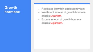 Growth
hormone
● Regulates growth in adolescent years
● Insufficient amount of growth hormone
causes Dwarfism.
● Excess amount of growth hormone
causes Gigantism.
 