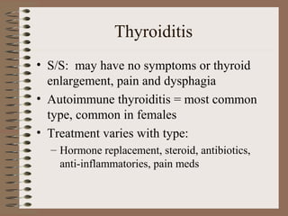 Thyroiditis
• S/S: may have no symptoms or thyroid
enlargement, pain and dysphagia
• Autoimmune thyroiditis = most common
type, common in females
• Treatment varies with type:
– Hormone replacement, steroid, antibiotics,
anti-inflammatories, pain meds
 