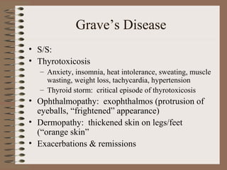 Grave’s Disease
• S/S:
• Thyrotoxicosis
– Anxiety, insomnia, heat intolerance, sweating, muscle
wasting, weight loss, tachycardia, hypertension
– Thyroid storm: critical episode of thyrotoxicosis
• Ophthalmopathy: exophthalmos (protrusion of
eyeballs, “frightened” appearance)
• Dermopathy: thickened skin on legs/feet
(“orange skin”
• Exacerbations & remissions
 
