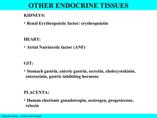 Endocrine System…. Professor KS Satyapal
OTHER ENDOCRINE TISSUES
KIDNEYS:
• Renal Erythropoietic factor: erythropoietin
HEART:
• Atrial Natriuretic factor (ANF)
GIT:
• Stomach gastrin, enteric gastrin, secretin, cholecystokinin,
enterocinin, gastric inhibiting hormone
PLACENTA:
• Human chorionic gonadotropin, oestrogen, progesterone,
relaxin
 