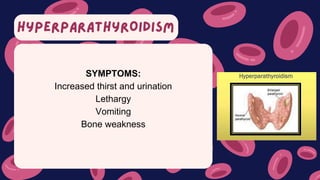 HYPERPARATHYROIDISM
SYMPTOMS:
Increased thirst and urination
Lethargy
Vomiting
Bone weakness
 