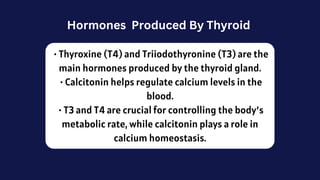 • Thyroxine (T4) and Triiodothyronine (T3) are the
main hormones produced by the thyroid gland.
• Calcitonin helps regulate calcium levels in the
blood.
• T3 and T4 are crucial for controlling the body’s
metabolic rate, while calcitonin plays a role in
calcium homeostasis.
Hormones Produced By Thyroid
 