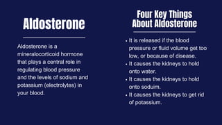 Aldosterone
Aldosterone is a
mineralocorticoid hormone
that plays a central role in
regulating blood pressure
and the levels of sodium and
potassium (electrolytes) in
your blood.
Four Key Things
About Aldosterone
It is released if the blood
pressure or fluid volume get too
low, or because of disease.
It causes the kidneys to hold
onto water.
It causes the kidneys to hold
onto soduim.
It causes the kidneys to get rid
of potassium.
 
