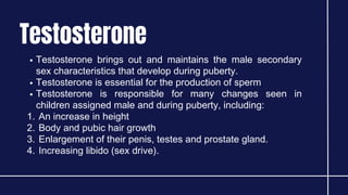 Testosterone
Testosterone brings out and maintains the male secondary
sex characteristics that develop during puberty.
Testosterone is essential for the production of sperm
Testosterone is responsible for many changes seen in
children assigned male and during puberty, including:
An increase in height
1.
Body and pubic hair growth
2.
Enlargement of their penis, testes and prostate gland.
3.
Increasing libido (sex drive).
4.
 