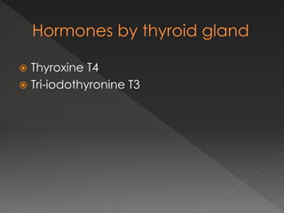  Thyroxine T4
 Tri-iodothyronine T3
 