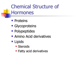 Chemical Structure of Hormones Proteins Glycoproteins Polypeptides Amino Acid derivatives Lipids Steroids Fatty acid derivatives 
